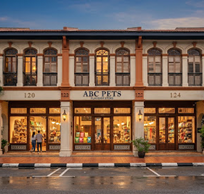 ABC Pets three connected heritage shopfronts at dusk